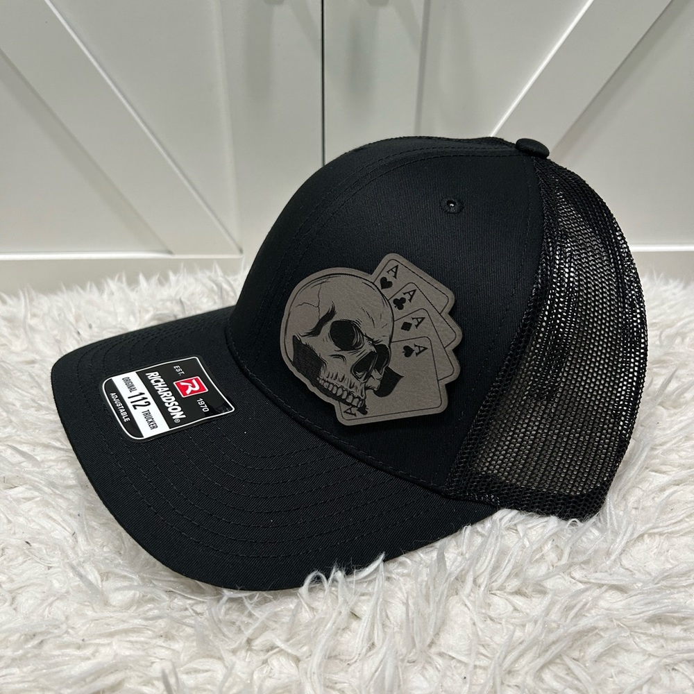 Laser engraved, Poker Skull, Richardson 112 trucker hat.